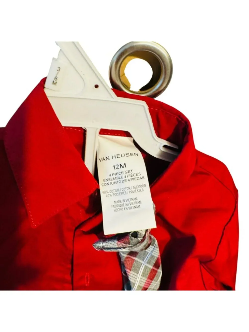 Van Heusen Baby Boys 3-Piece Outfit Set - Red Shirt Plaid Tie Gray Pants Size 12